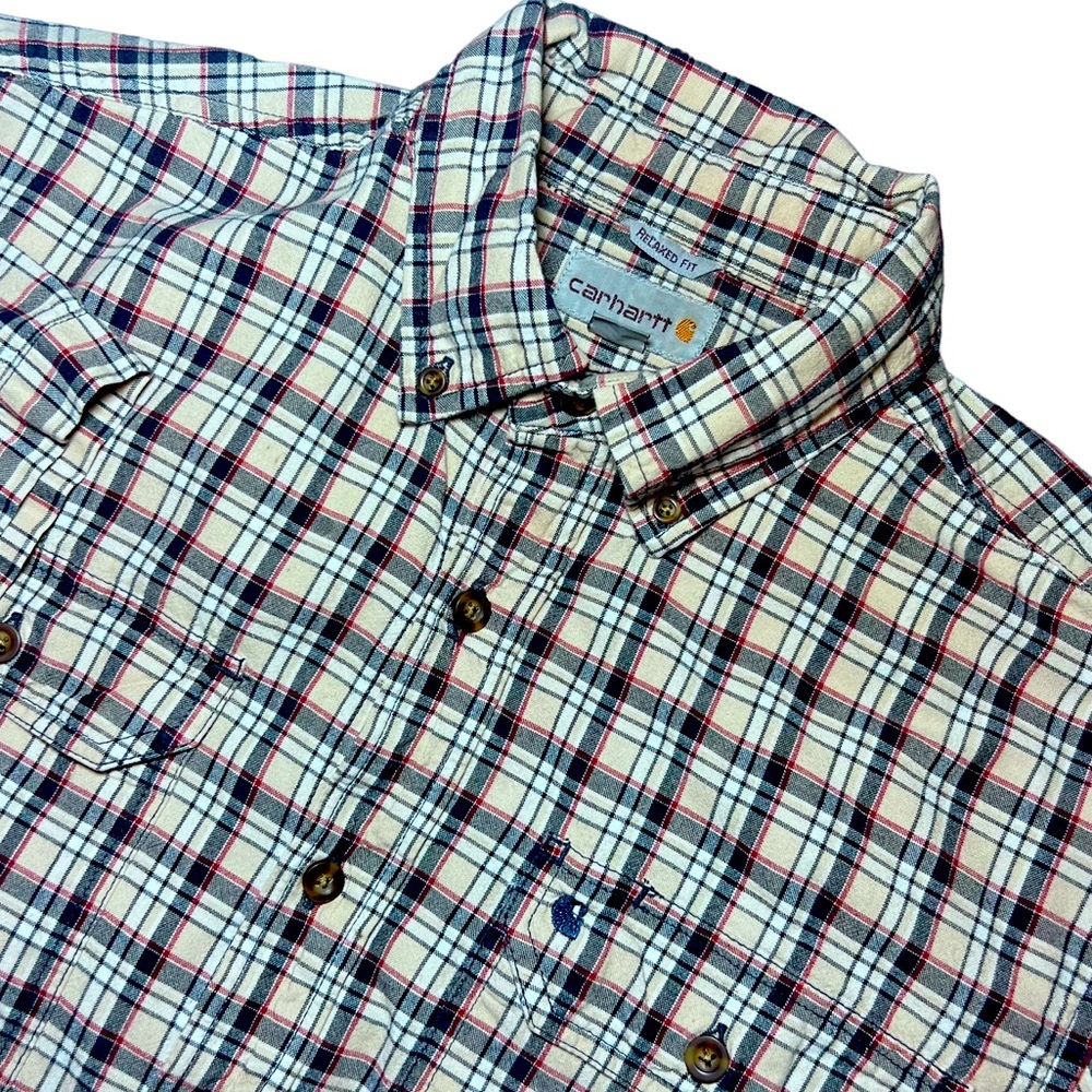 Carhartt tan/blk/red plaid short Sleeve men’s button-up 2front pocket‎ M shirt